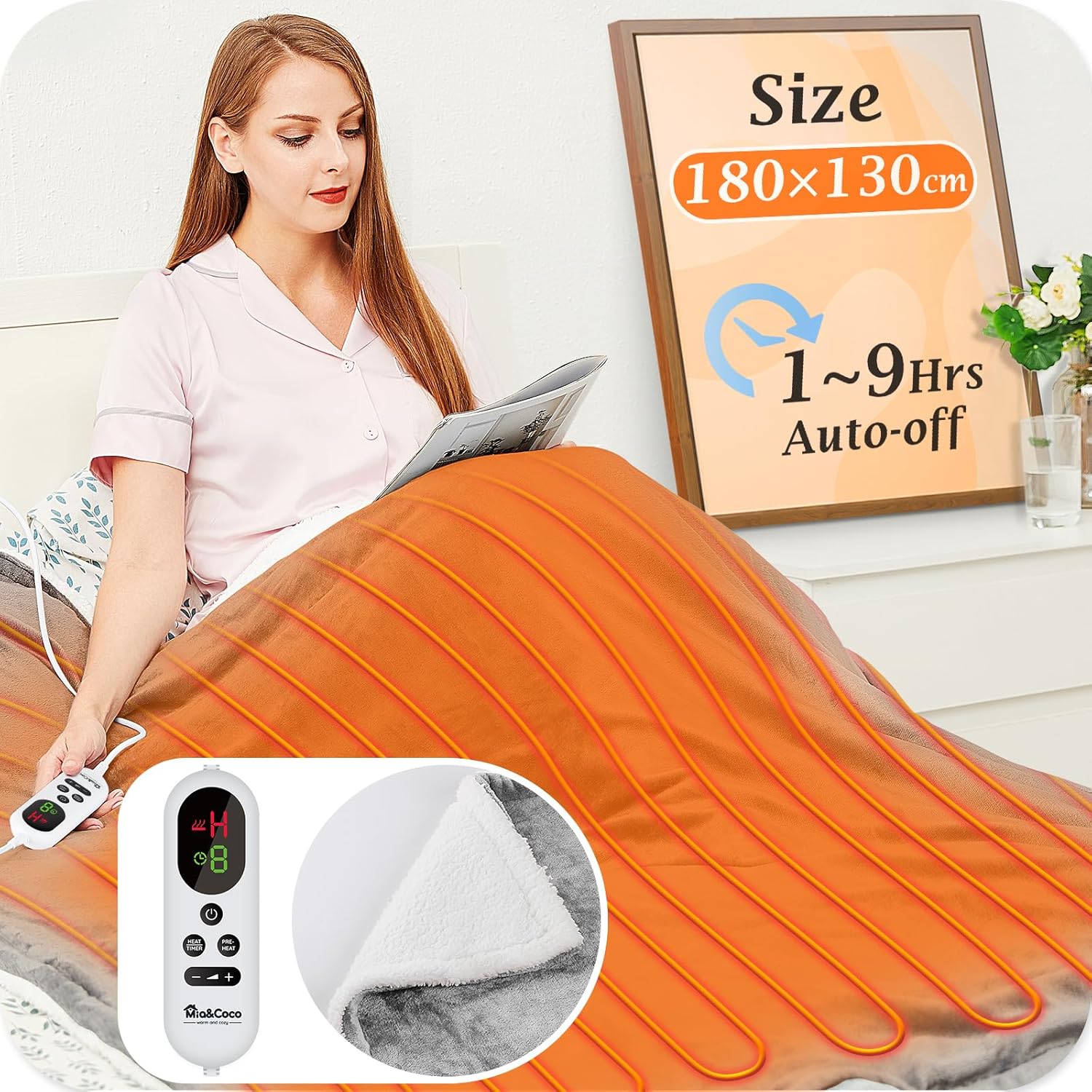 Electric Heated Blanket Throw Flannel Sherpa Fast Heating 180x130cm