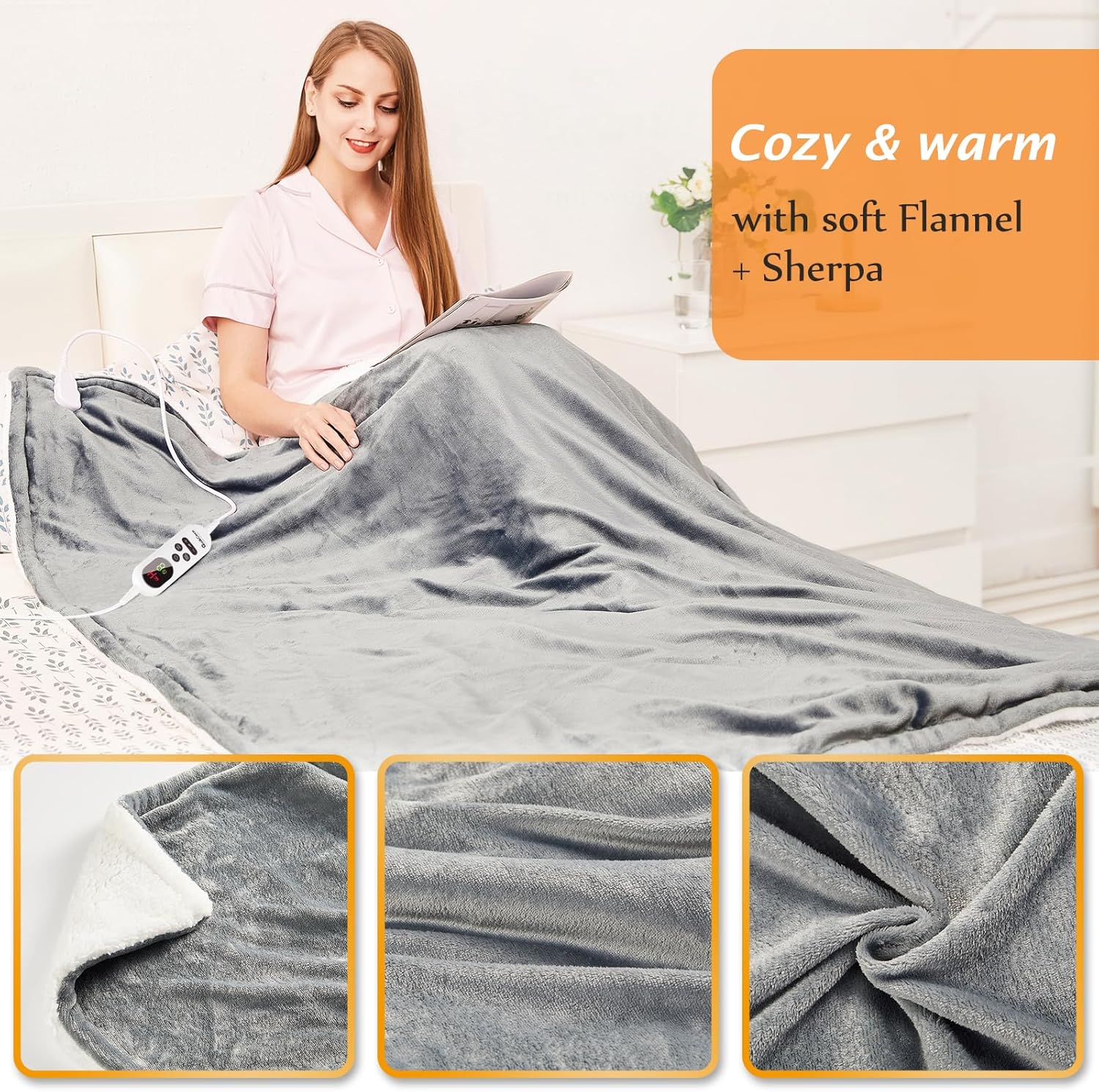 Electric Heated Blanket Throw Flannel Sherpa Fast Heating 180x130cm